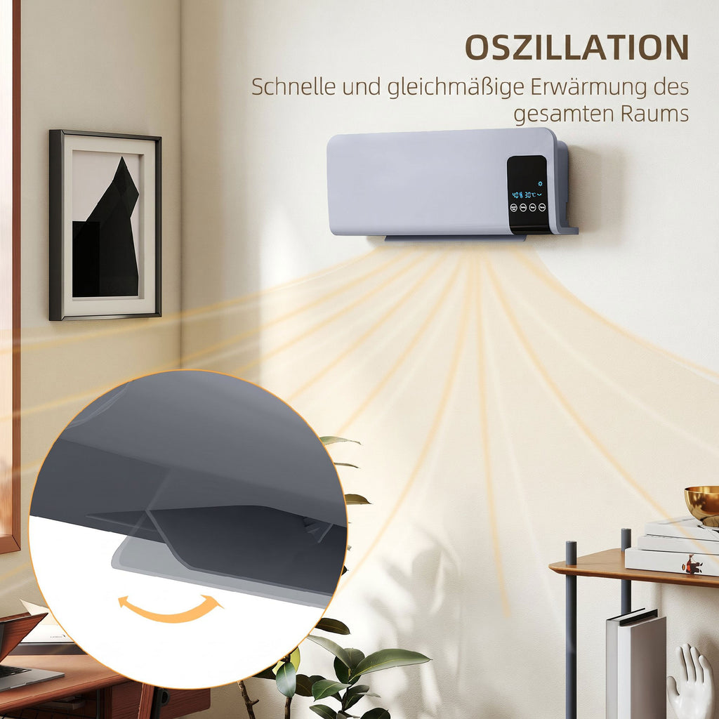 Elektro-Heizung, Wandmontage, Schwingfunktion, 2 Modi, Timer, LED-Anzeige, Grau