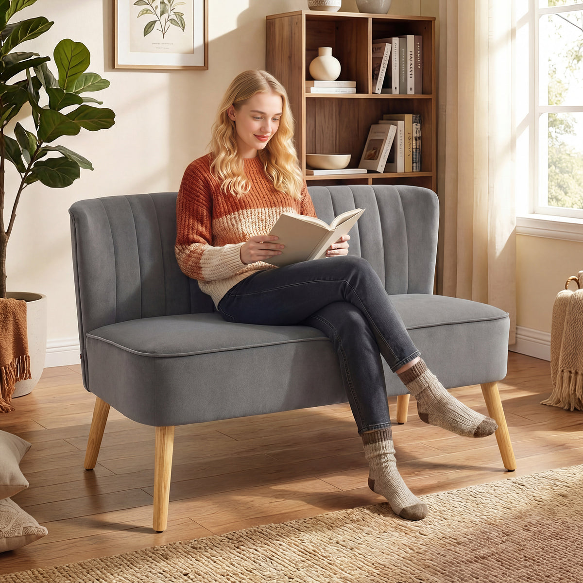 Sofa Retrodesign 2-Sitzer-Sofa, Holzbeine, 117 cm x 56,5 cm x 77 cm, Dunkelgrau