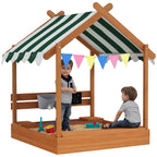 Sandkasten mit Sonnenschutz, Spielhaus-Design, mit Spielzeug-Set, behandeltes Massivholz, 124 x 116 x 146 cm, Grün