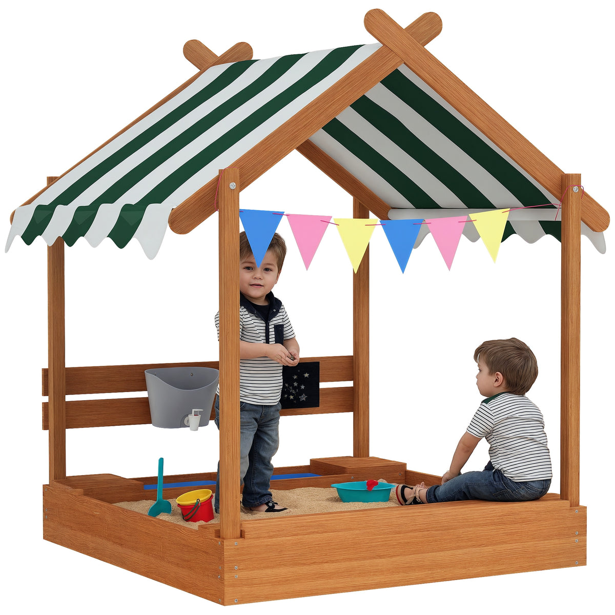 Sandkasten mit Sonnenschutz, Spielhaus-Design, mit Spielzeug-Set, behandeltes Massivholz, 124 x 116 x 146 cm, Grün