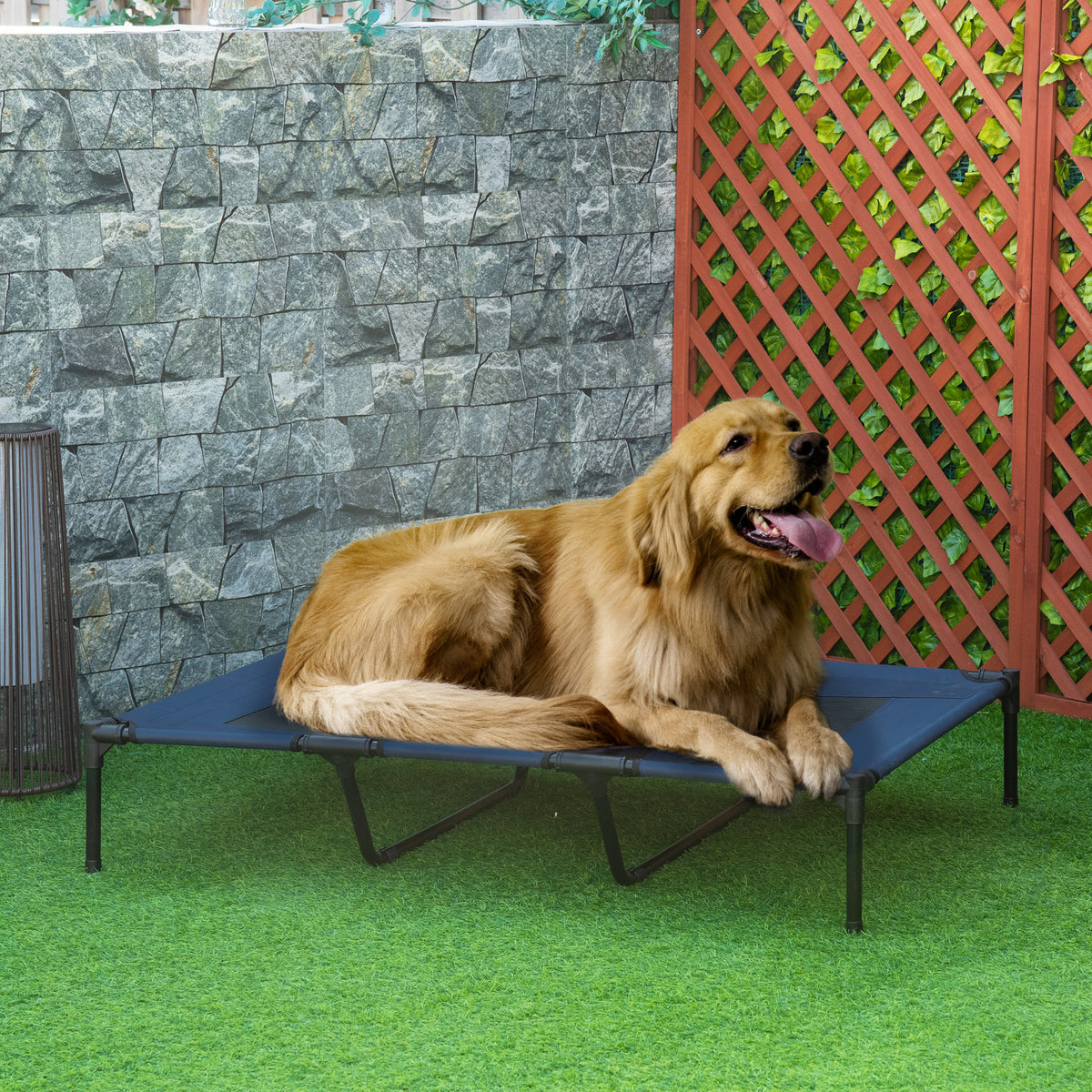 Hundebett, faltbar, Outdoor-Hundebett, erhöhter Stand, 122 cm x 92 cm x 23 cm, Blau + Schwarz
