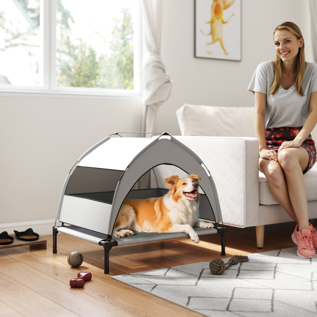 Portable Elevated Dog Bed with Removable Canopy, Cooling Raised Pet Cot for Small Medium Dogs, 76 x 61 x 70 cm