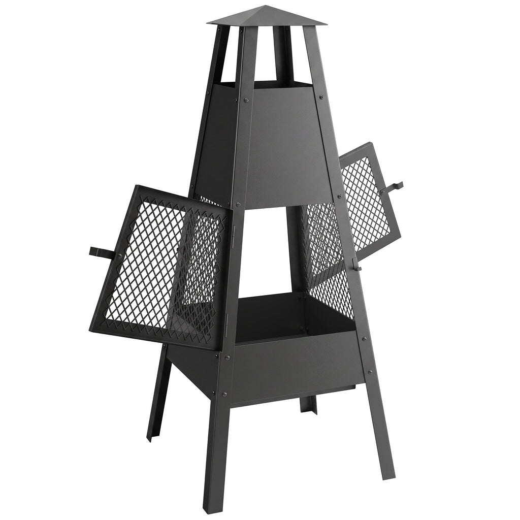Feuerschale 41 x 40,5 x 97 Feuerstelle mit konischem Zugkamin Funkenschutz Kohlenstoffstahl Schwarz