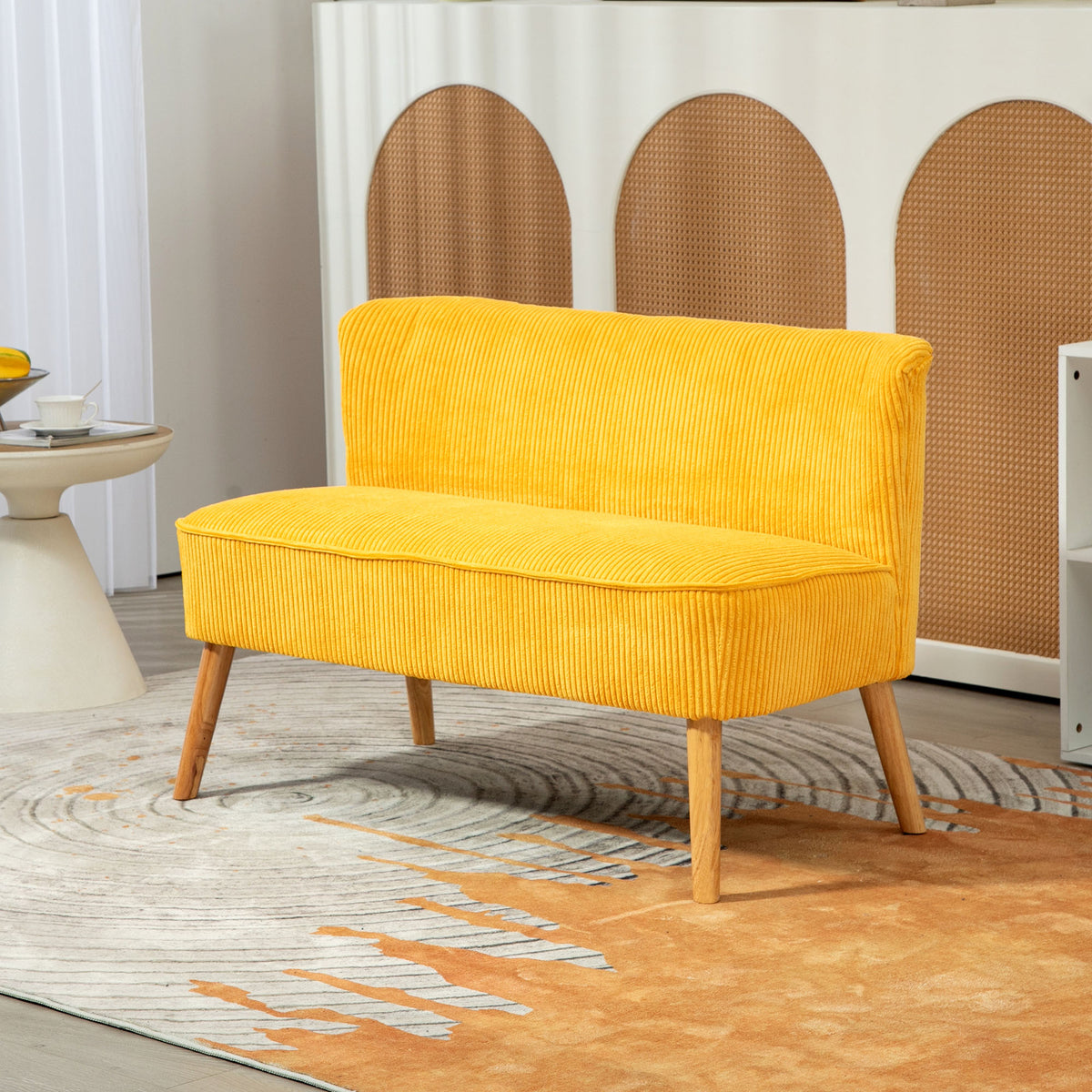 Zweisitzer-Sofa, elegantes Skandi Design, massiver Holzrahmen, bis 150 kg, 117 x 56,5 x 77 cm, Gelb