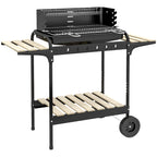 Holzkohlegrill aus Metall BBQ Smoker mit Räder, höheverstellbar Grillrost, Holzablage 103x47x95 cm Schwarz
