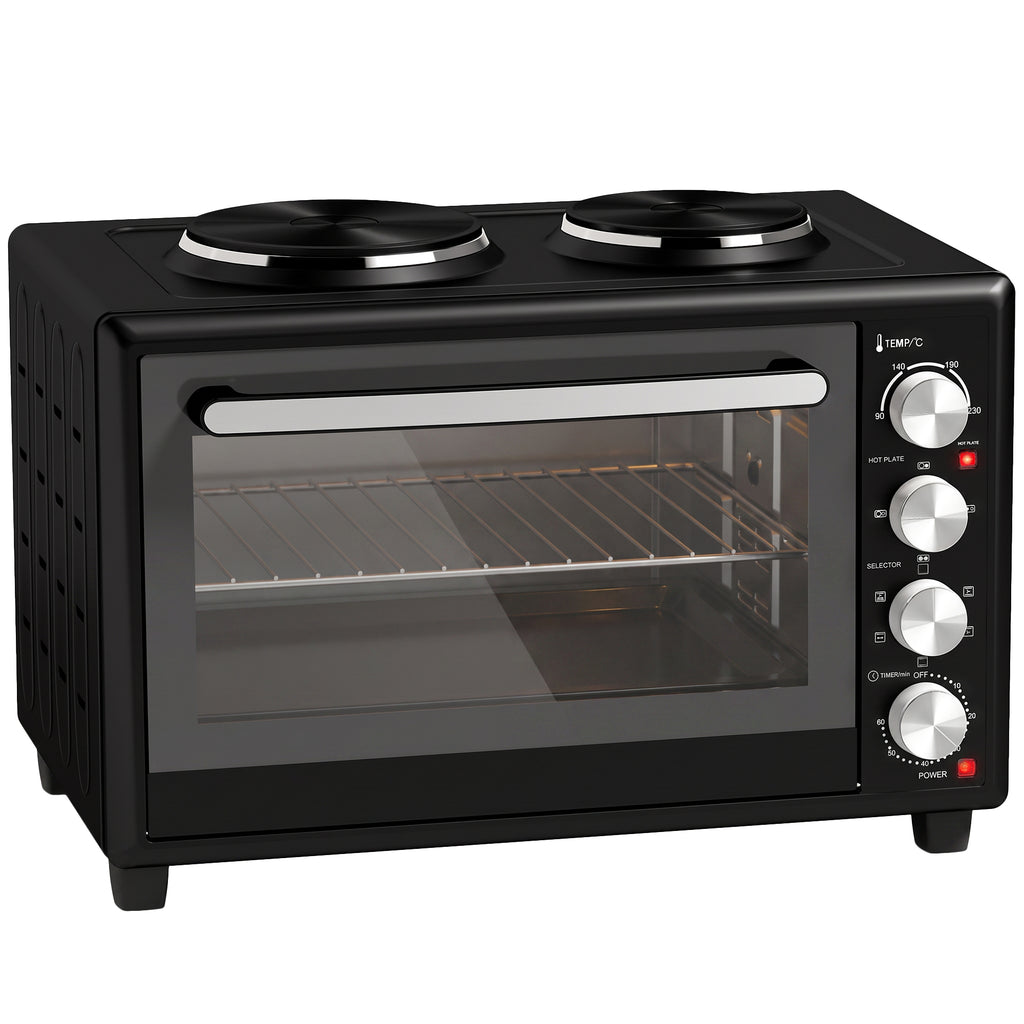 36L Mini-Backofen mit 2 Kochplatten, elektrischer Tischbackofen mit Umluft, 90–230 °C