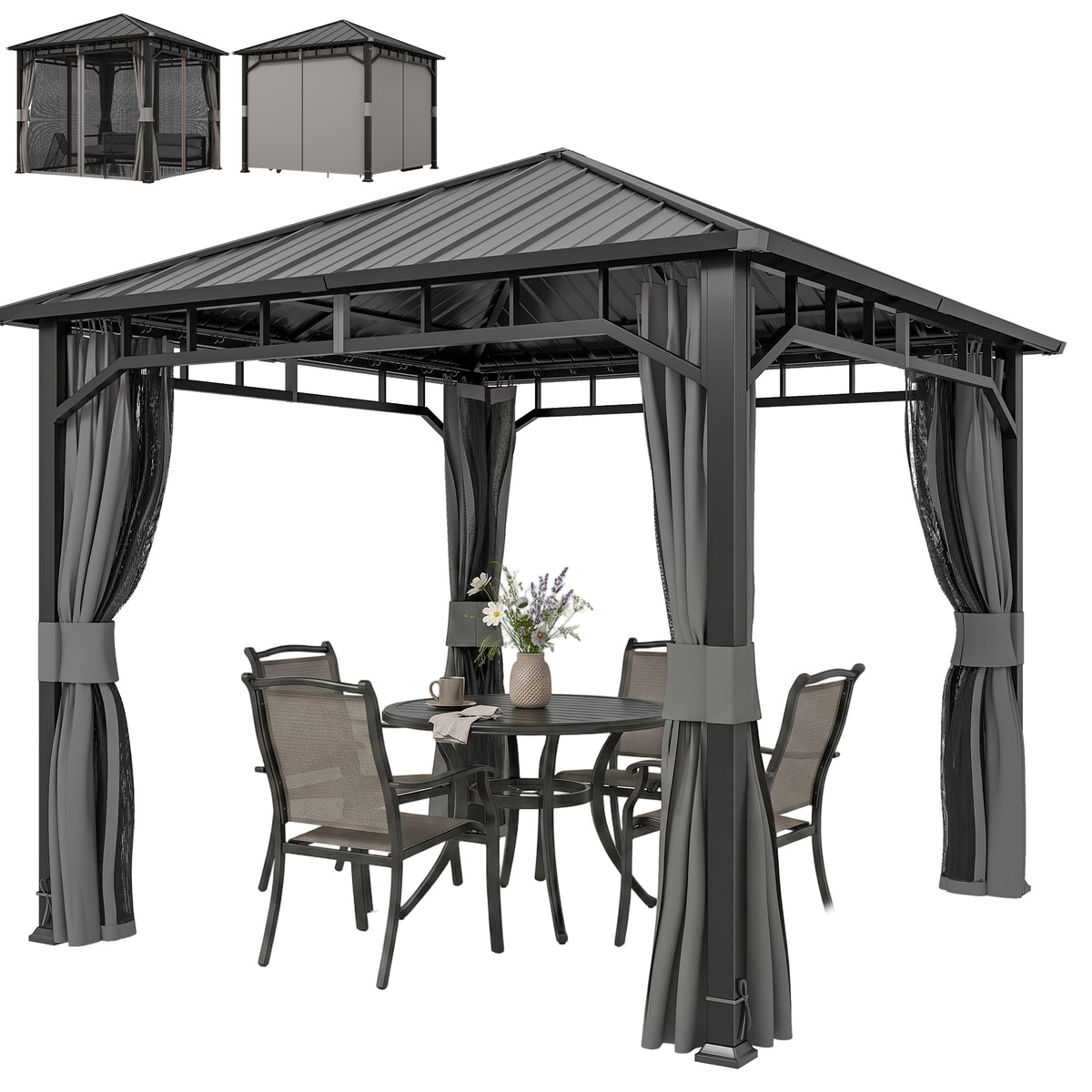 Pavillon 3 x 3 m Wasserdicht Stabil Winterfest Gartenpavillon mit Seitenteile, Netze, Haken Hardtop Dunkelgrau