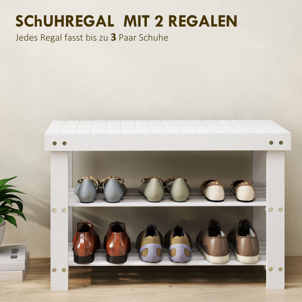 Schuhbank mit Sitzfläche Stauraum 2 Ablagen 70 x 28 x 45cm Weiß