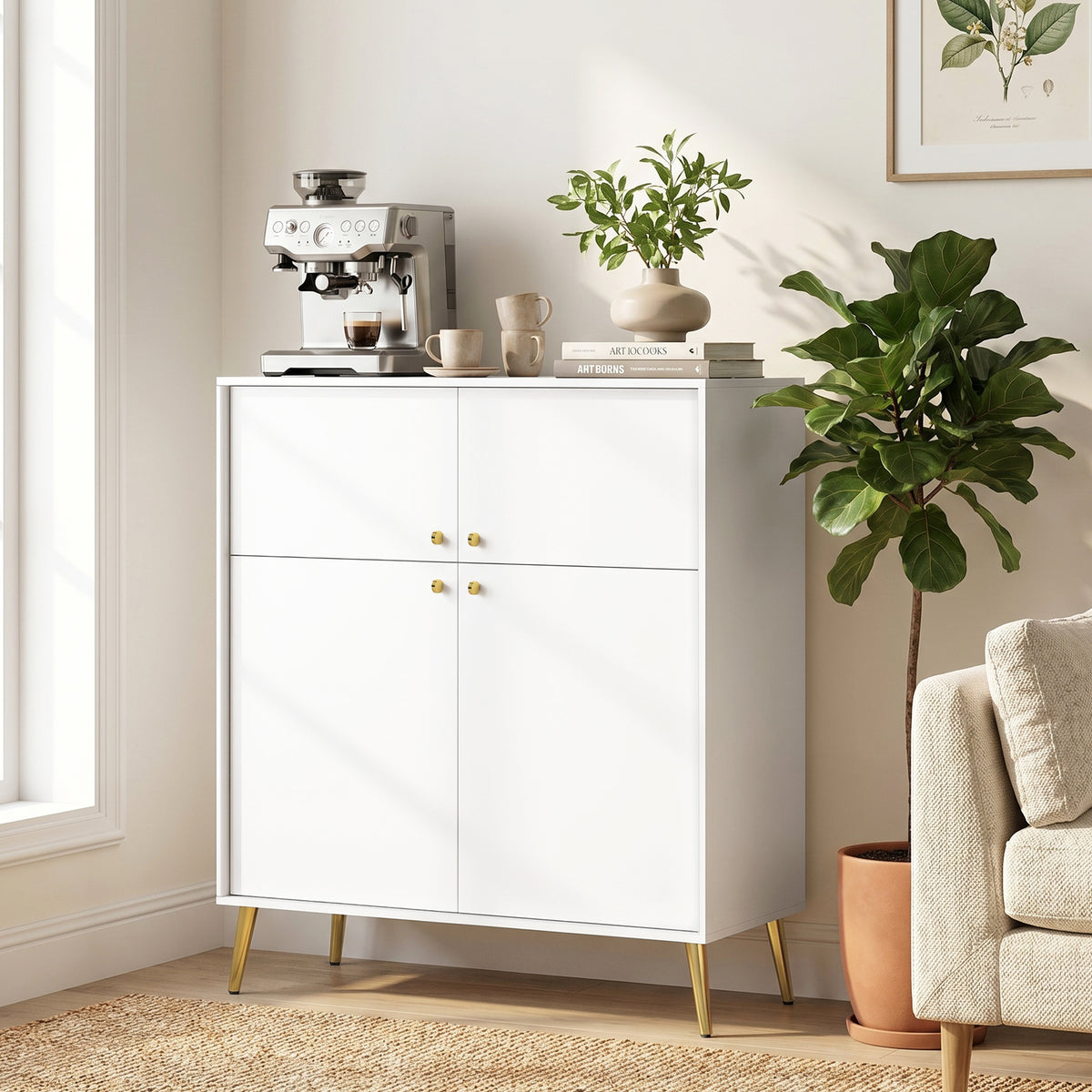 Modernes Sideboard, 105,4 cm Buffet mit 4 Soft-Close-Türen und Metallfüßen, für Esszimmer & Küche, Cremeweiß