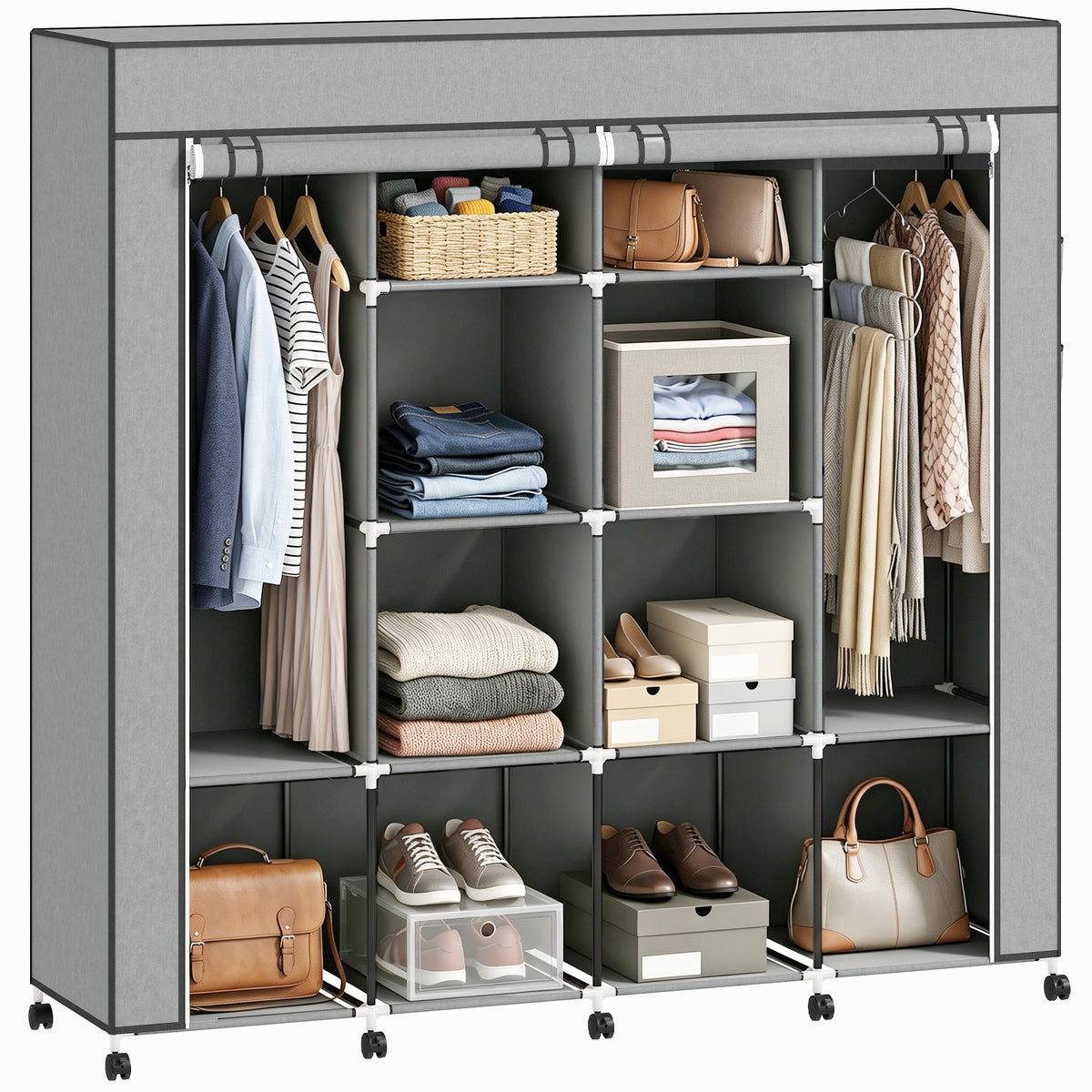 Kleiderschrank Stoffschrank, Türen, 2 Kleiderstangen, 10 Fächer, Grau