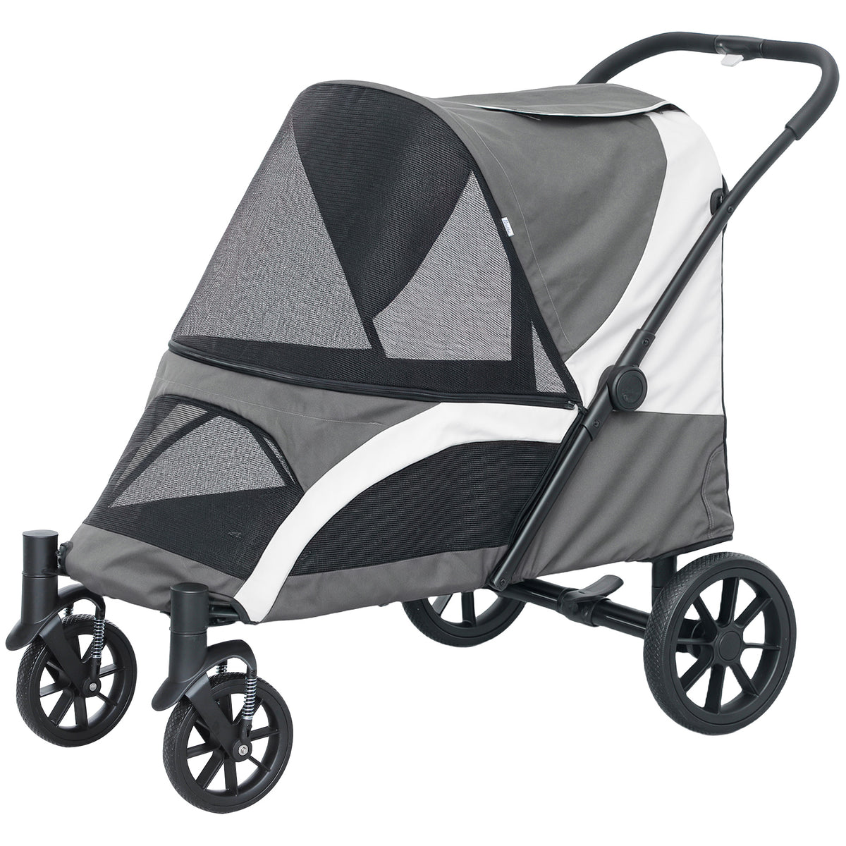 Foldable Pet Stroller for Medium Dogs with 4 Big Wheels, Shock-Absorbing Frame, Safety Leashes, Brakes, Dark Grey