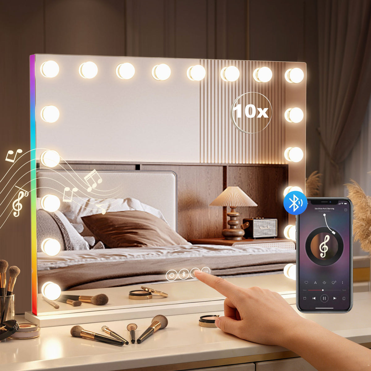 Hollywood Schminkspiegel mit 18 dimmbaren LED-Lampen, 3 Farben, RGB-Licht, Bluetooth-Lautsprecher, 10x Vergrößerung Weiß