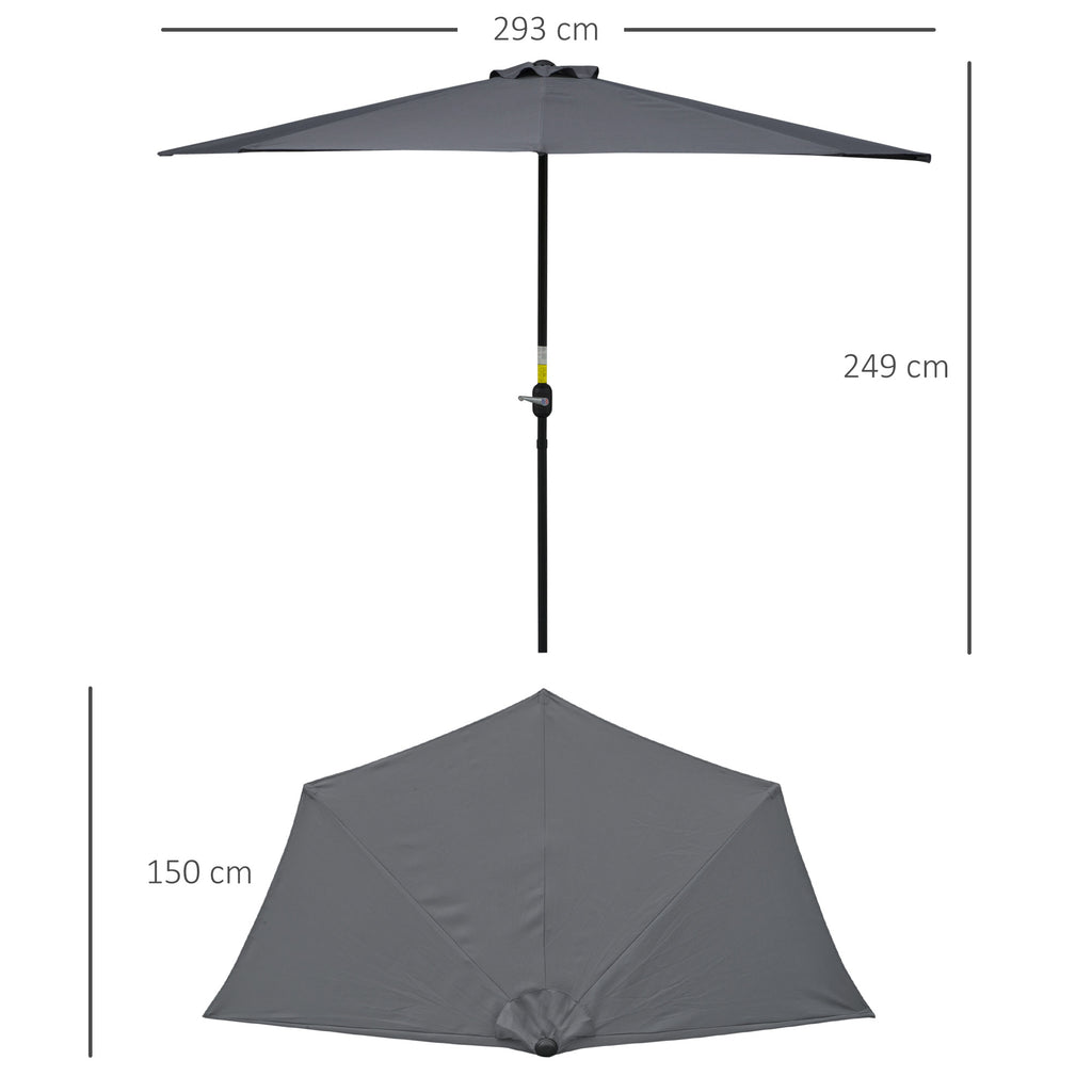 3(m) Half Parasol, Semi Round Umbrella with Metal Frame, Crank Handle for Balcony, Garden, Grey