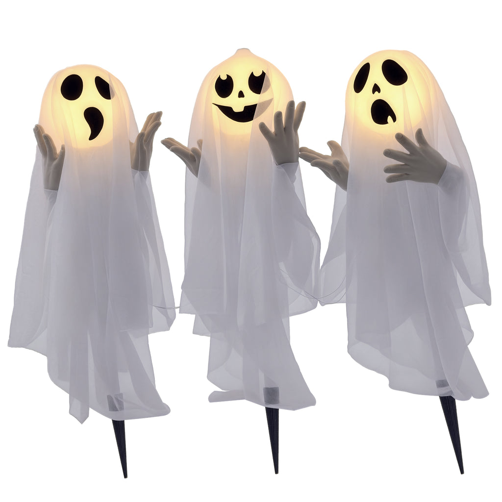 Halloweendekoration, 3 leuchtende Geister, Bewegungssensor, 54 x 10 x 60 cm, Weiß