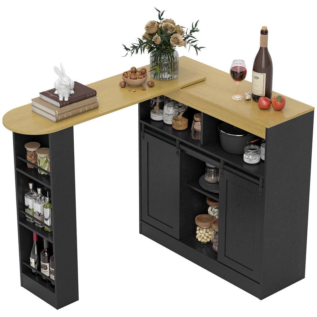 Ausziehbarer Bartisch, zu L-Form umwandelbar, viel Stauraum, 3 verstellbare Regale, Spanplatte, MDF, Schwarz