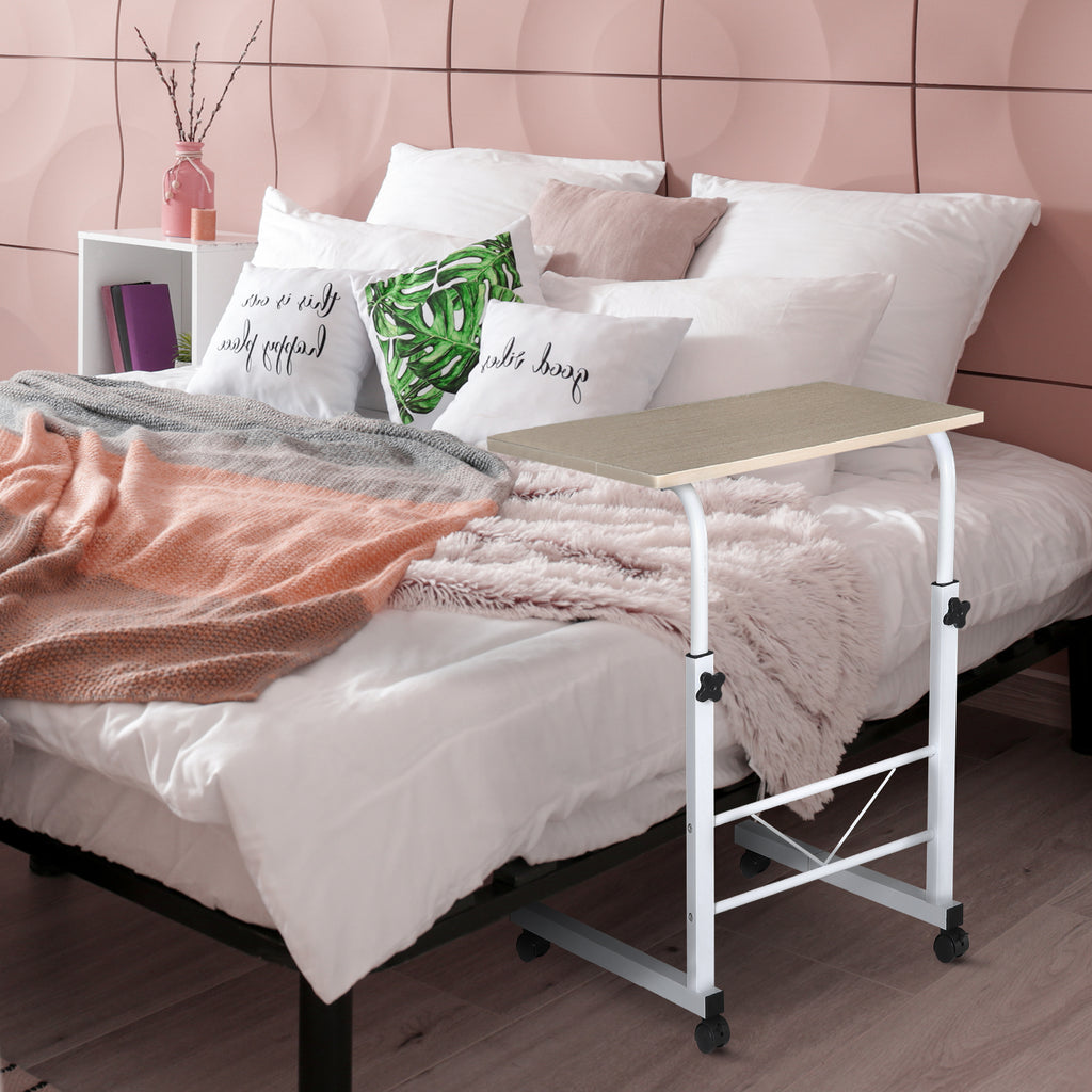 Beistelltisch h?henverstellbarer Couchtisch mobiler Endschreibtisch mit R?dern Feststellbremsen C-Tische Spanplatte Stahl Eisen Kunststoff Wei?e Ahornfarbe 60 x 40 x 68-78 cm