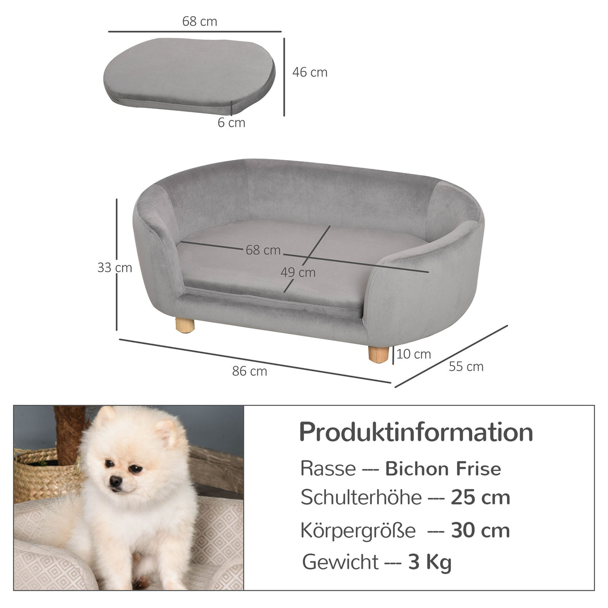 Hundesofa Hundebett aus holländischem Samt Hundecouch mit Rückenlehne, Holzbeine, Kissen, Katzensofa mit weicher Polsterung für kleine Hunde 86 x 55 x 33 cm Hellgrau