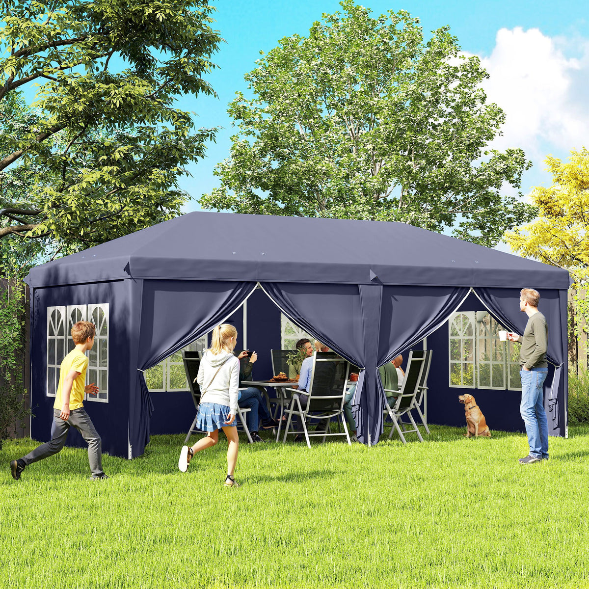 Faltpavillon 6 x 3 m, abnehmbare Seitenw?nde, gro?e Fenster, Rei?verschlusst¨¹ren, Stahlrahmen, Blau