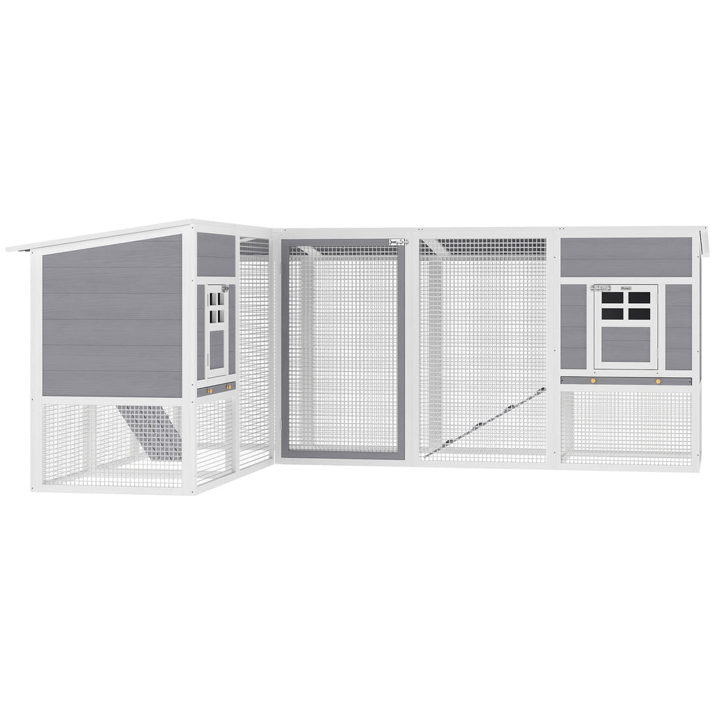 Hühnerstall L-förmiges Hühnerhaus aus Holz mit 2 Häusern, 2 Ebenen, Auslauf, Rampe, 251 x 192 x 103 cm Grau