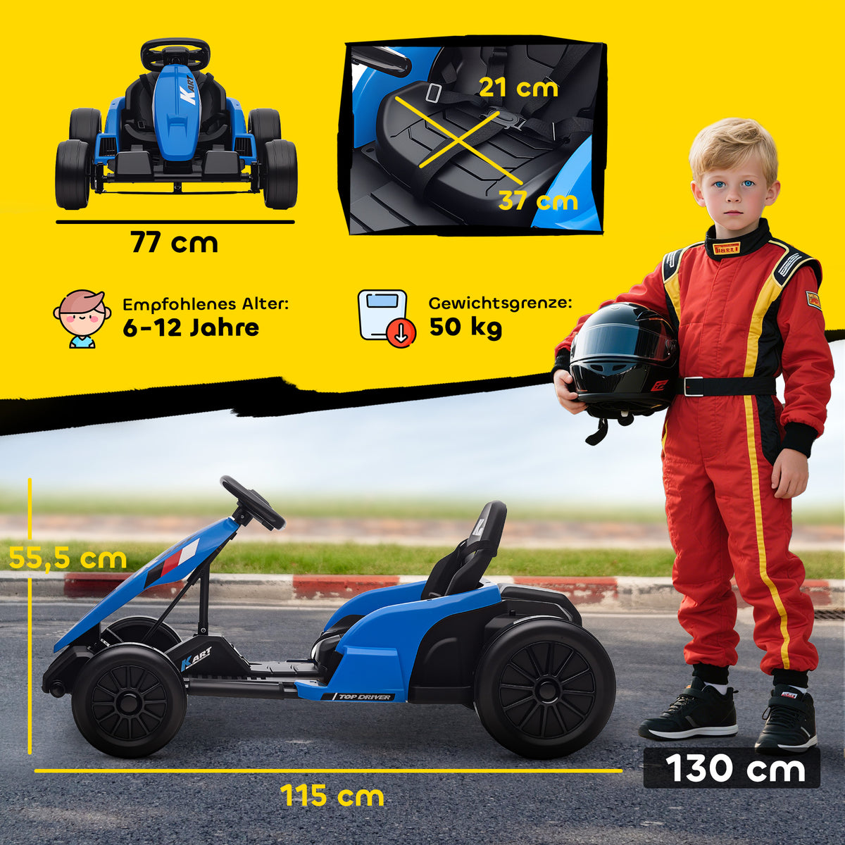 24V Elektrisches Go-Kart, Drift-Modus, verstellbarer Sitz, 5-Punkt-Sicherheitsgurt, Musikfunktion, 6-12 Jahre Blau