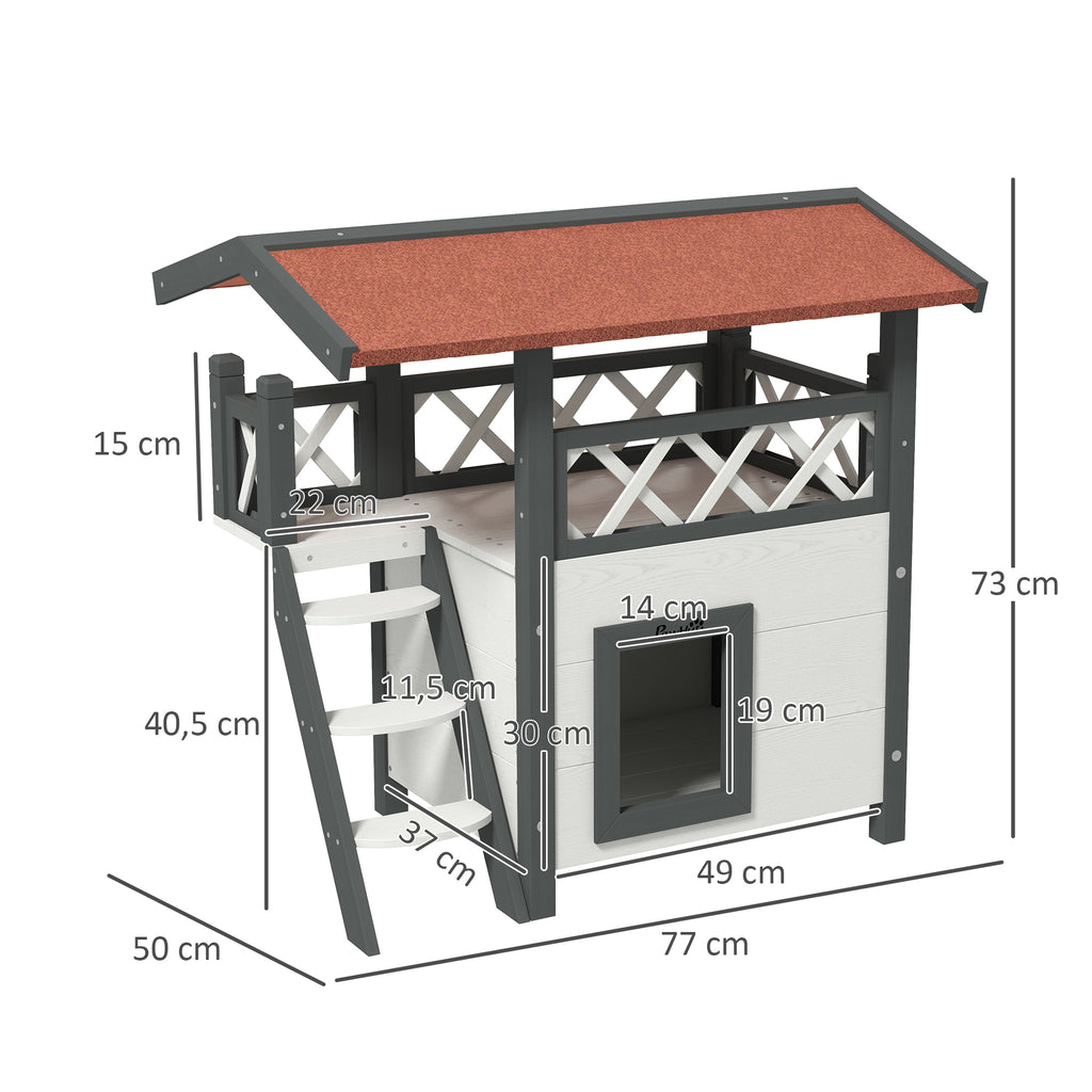 Cat House Outdoor w/ Balcony Stairs Roof, 77 x 50 x 73 cm, White