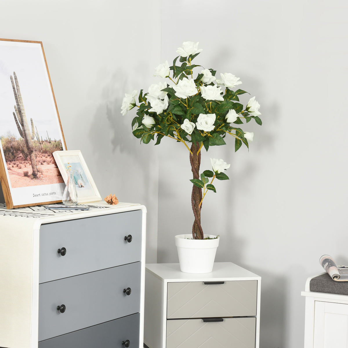 Artificial Plants White Rose Floral in Pot, Fake Plants for Home Indoor Decor, 90cm
