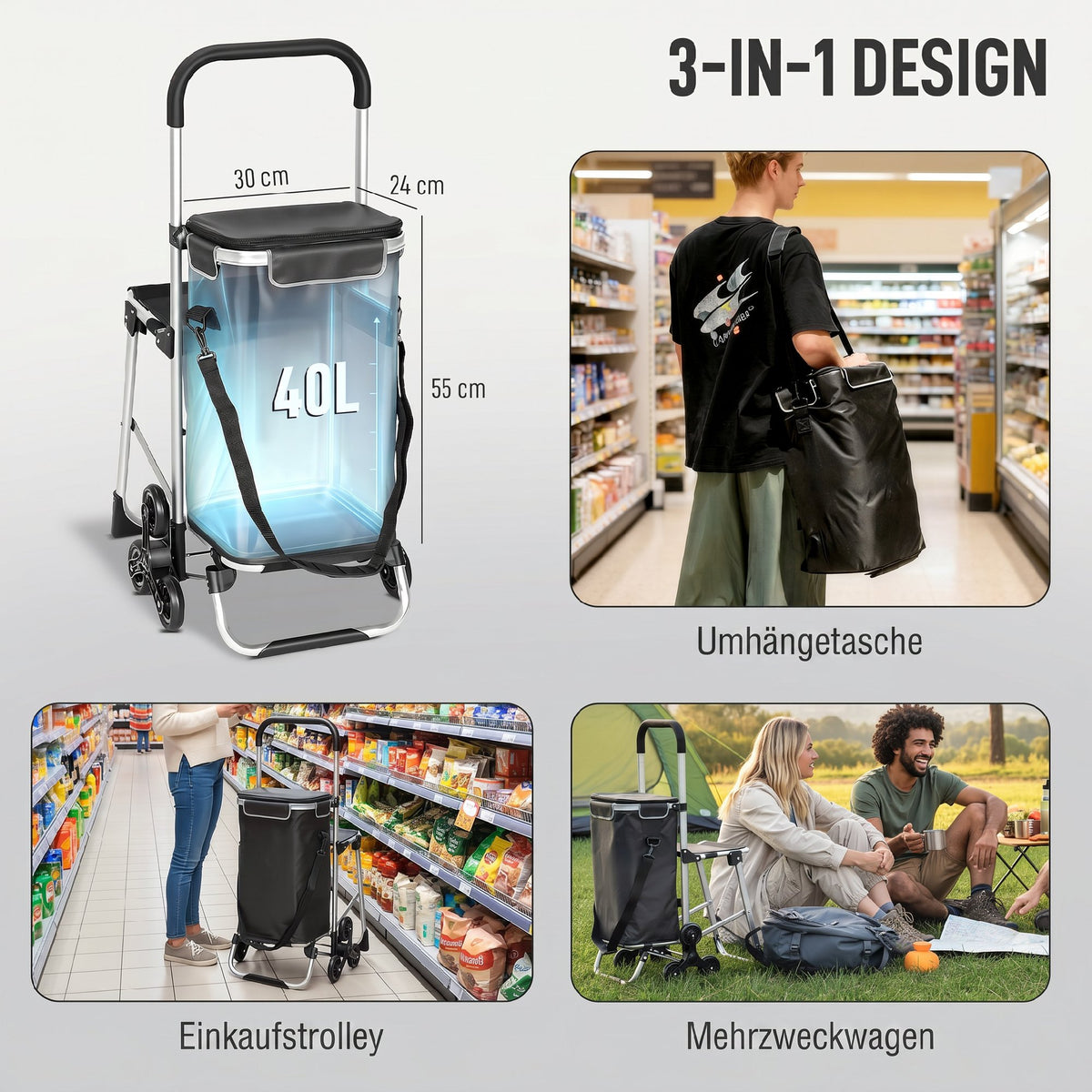 3-in-1 Einkaufstrolley Klappbar mit Sitz 40L Kapazität Duneklgrau