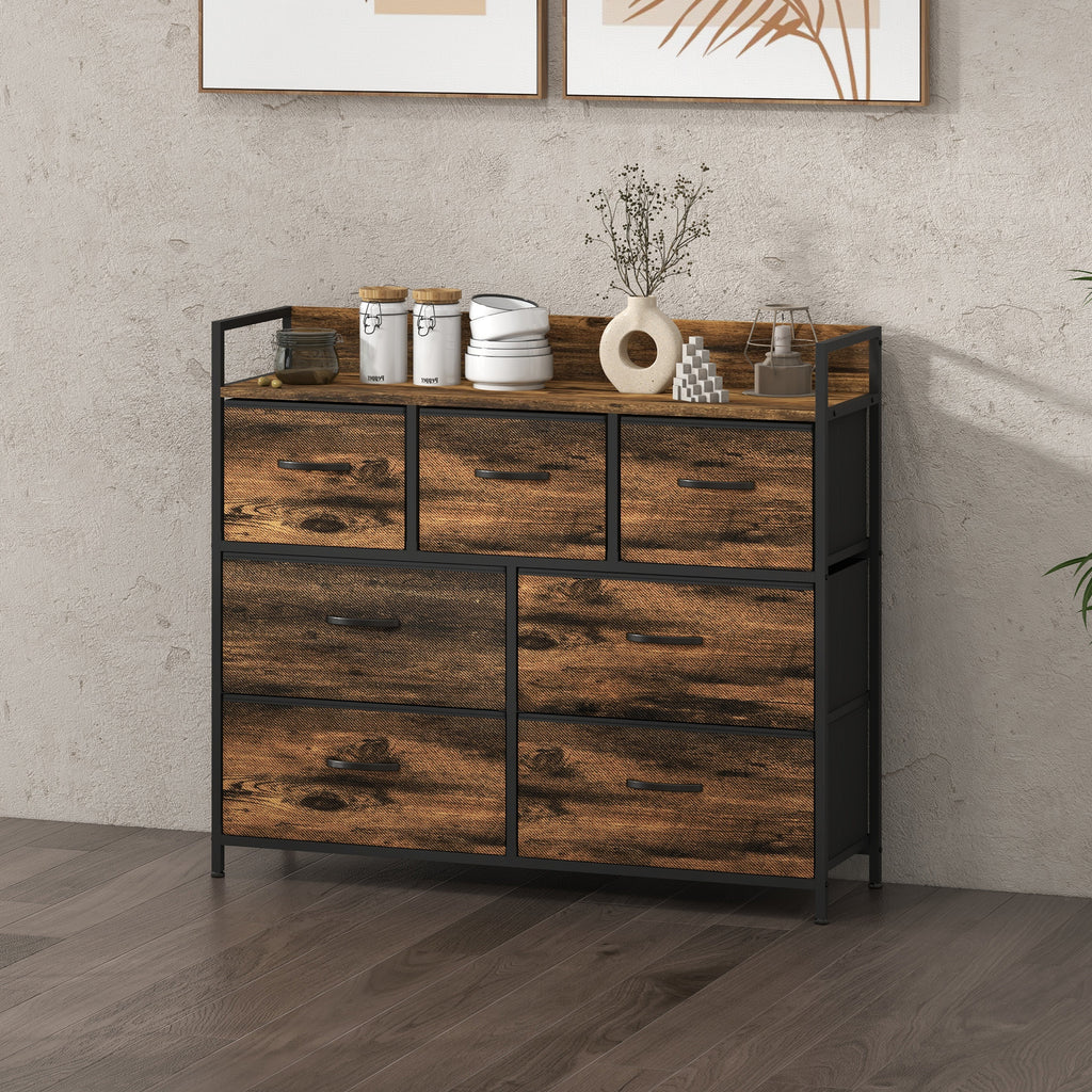 Kommode, Sideboard mit 7 Stoffschubladen, Industrial Design, Stahlrahmen, 98x29x85cm, Braun/Schwarz