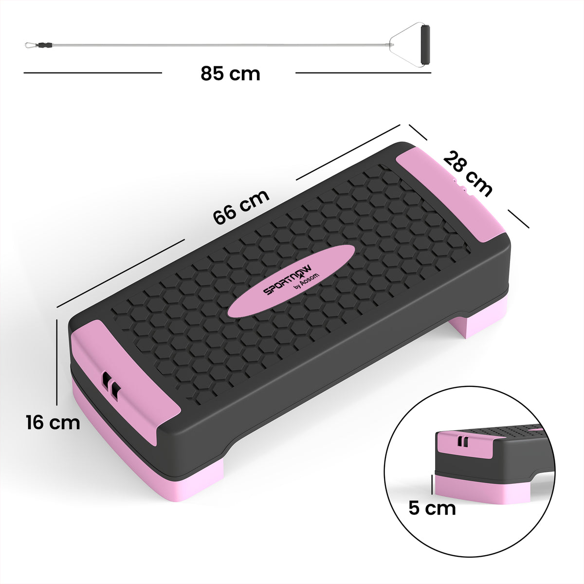 Steppbrett höhenverstellbar Fitness Aerobic Stepper mit 2 Stufen (11/16 cm) 2 Widerstandsbändern, Anti-Rutsch-Matte Rosa