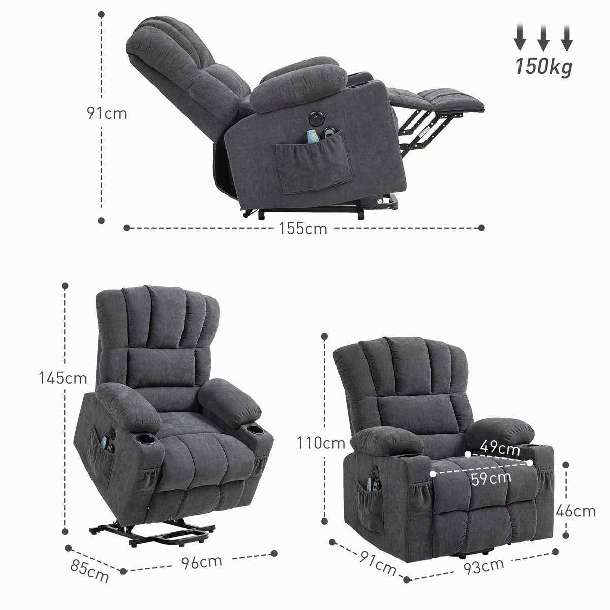 Elektrischer Power Lift Aufsteh-Sessel mit Massage- und W?rmefunktion, USB-Anschl¨¹ssen, Becherhaltern, Dunkelgrau