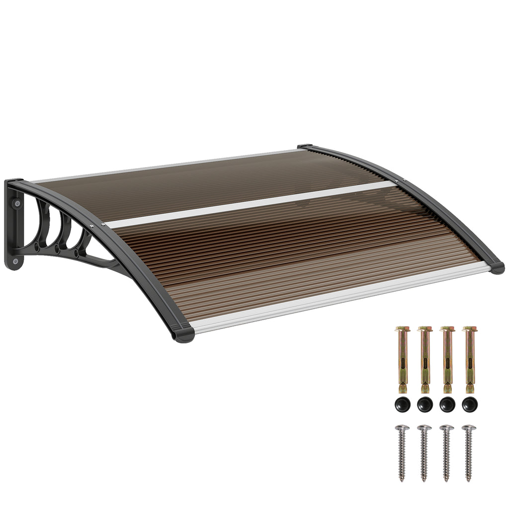 Front Door Canopy Outdoor Awning Aluminium Rigid Plastic Polycarbonate Rain Shelter UV Water Rain Resistant 100 x 75cm Brown