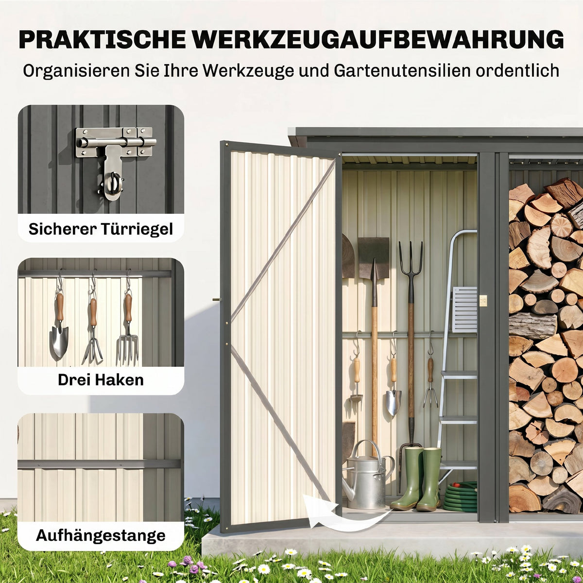 2-in-1 Kaminholzregal Außen verzinkter Stahl 235 x 67 x 149 cm Brennholzregal mit Geräteschrank Schrägdach Dunkelgrau