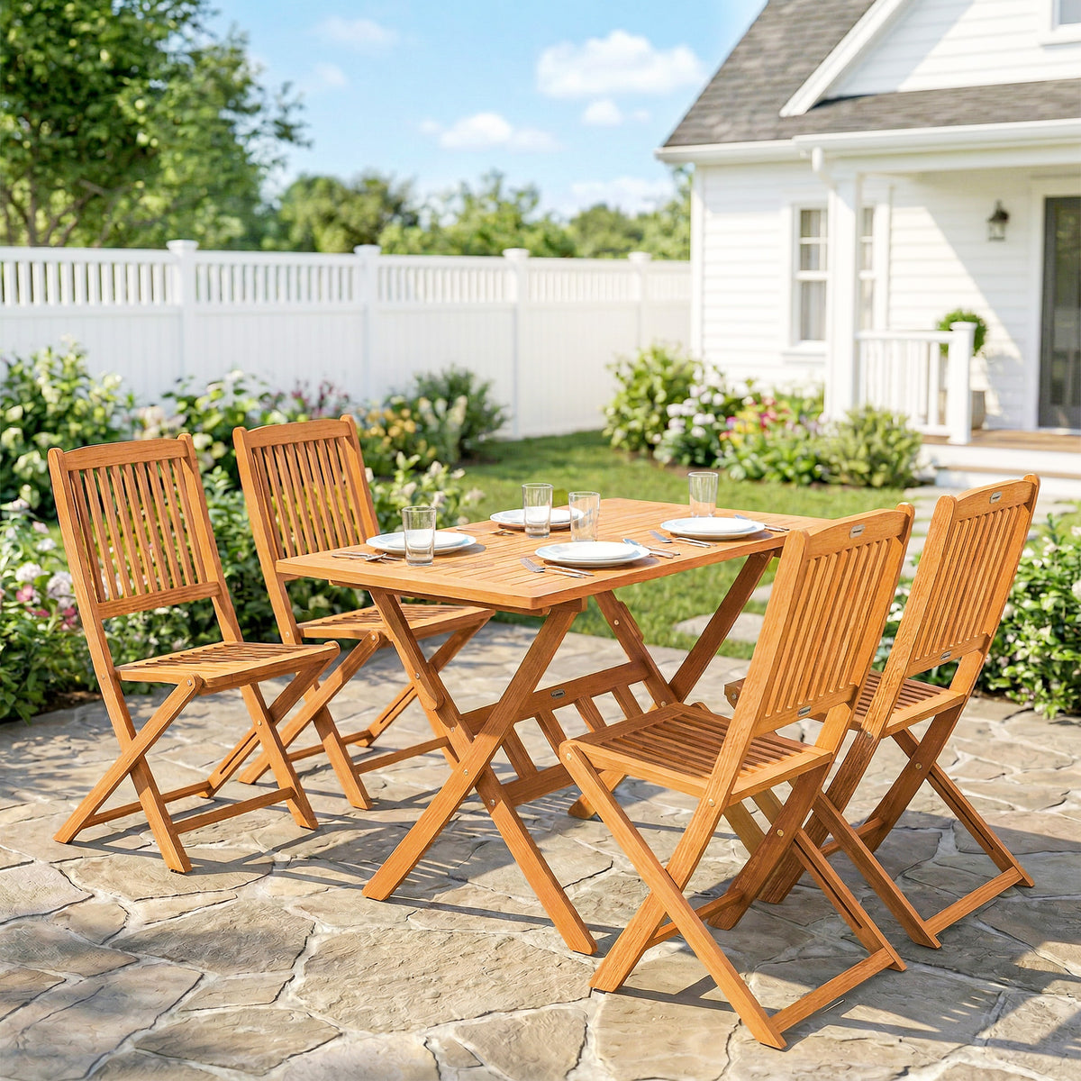 Gartenmöbel Set Akazienholz Sitzgruppe 5-teilig Klappbar Tisch mit 4 Klappstühlen Lamellendesign