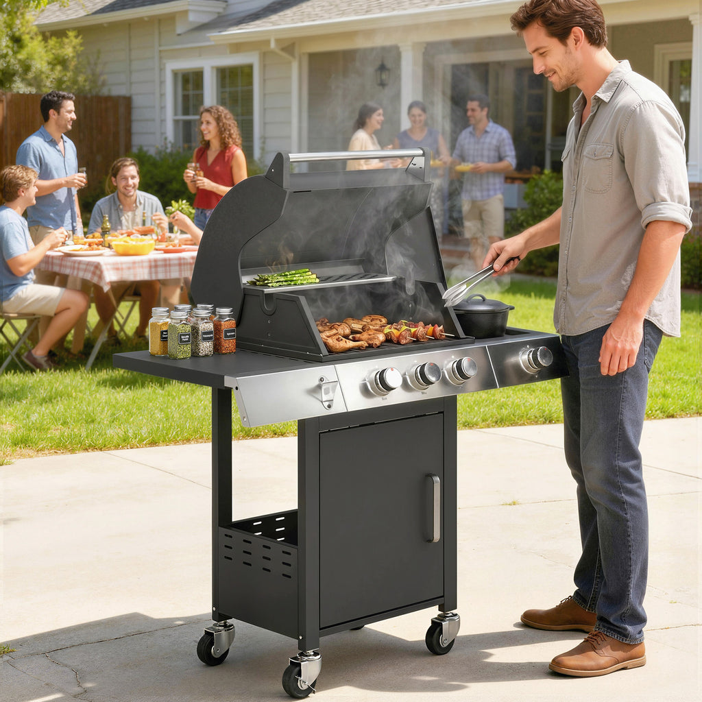 Gasgrill 10,5 KW 3+1 Brenner BBQ Grillwagen Edelstahl inkl Seitenbrenner Flaschenöffner Thermometer Gusseisen-Grillrost