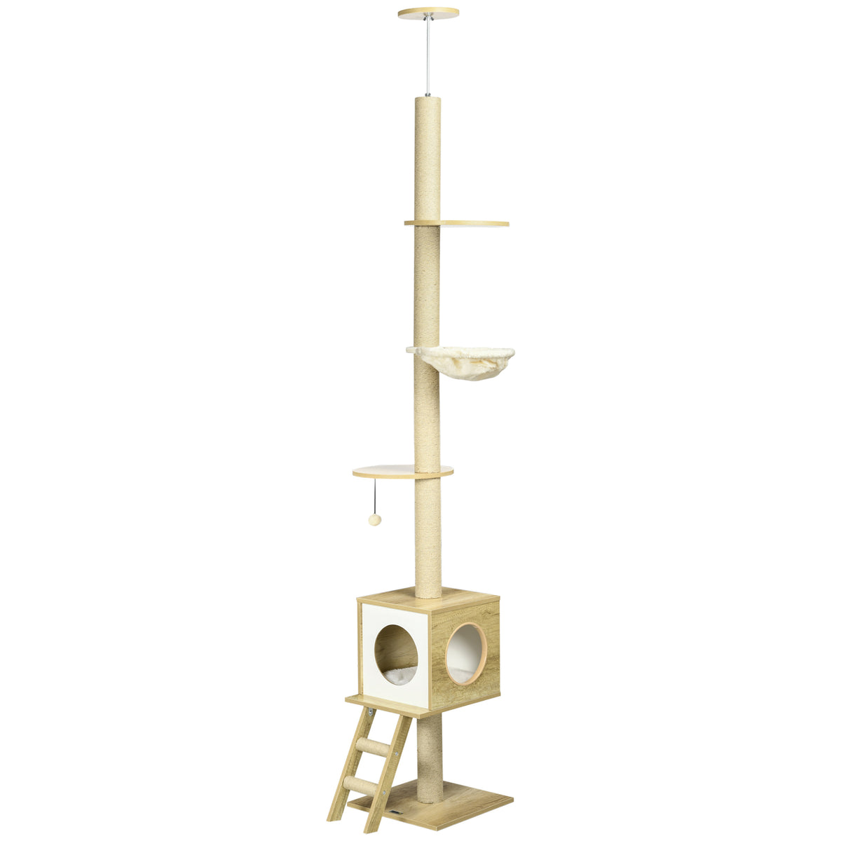 Kratzbaum, deckenhoch, Katzenhaus, zwei Plattformen, Hängematte, Kippschutz, hellbraun+beige, 40 x 40 x 260 cm