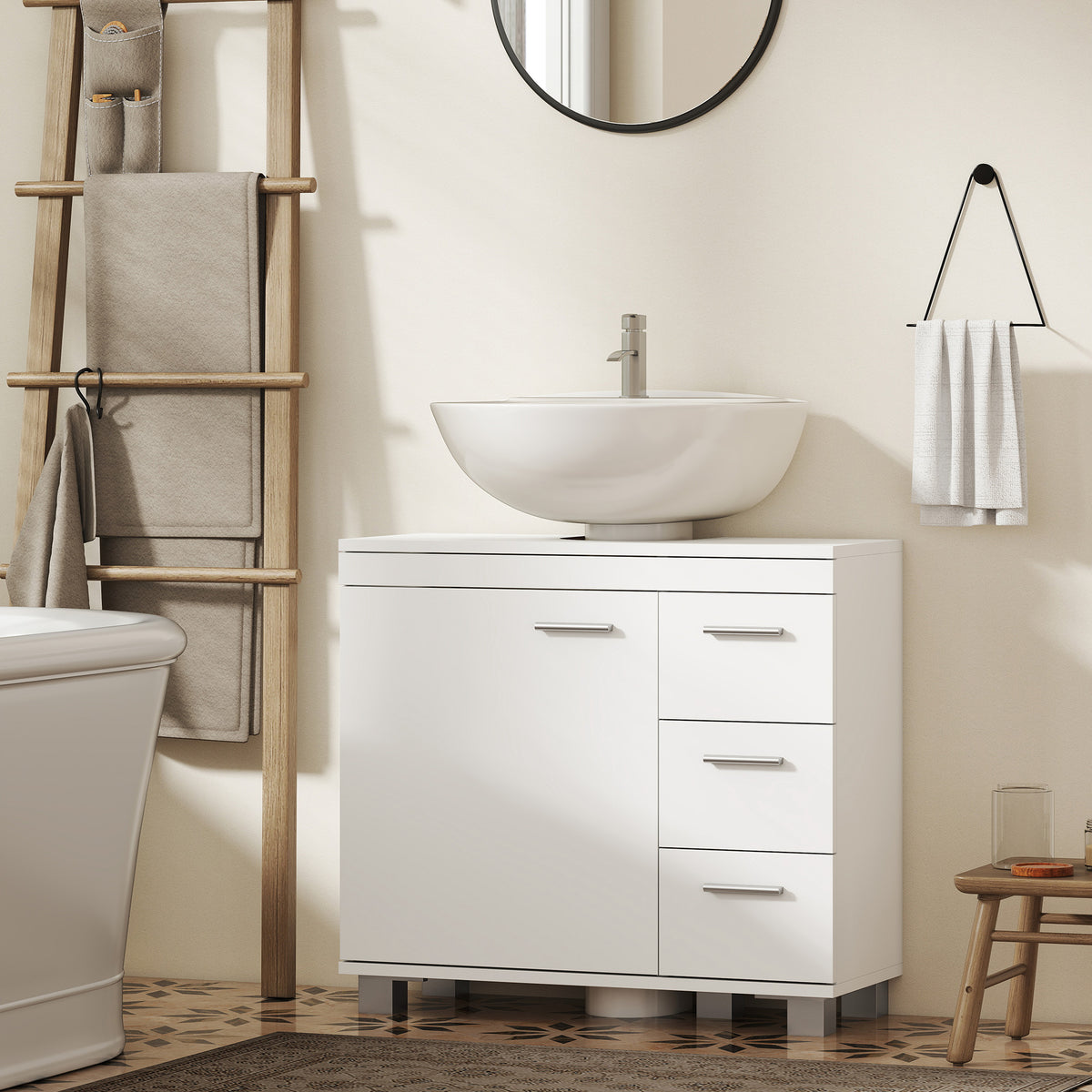 Unterschrank für Waschbecken, 2 Regale, 3 Schubladen, MDF-Struktur, Weiß