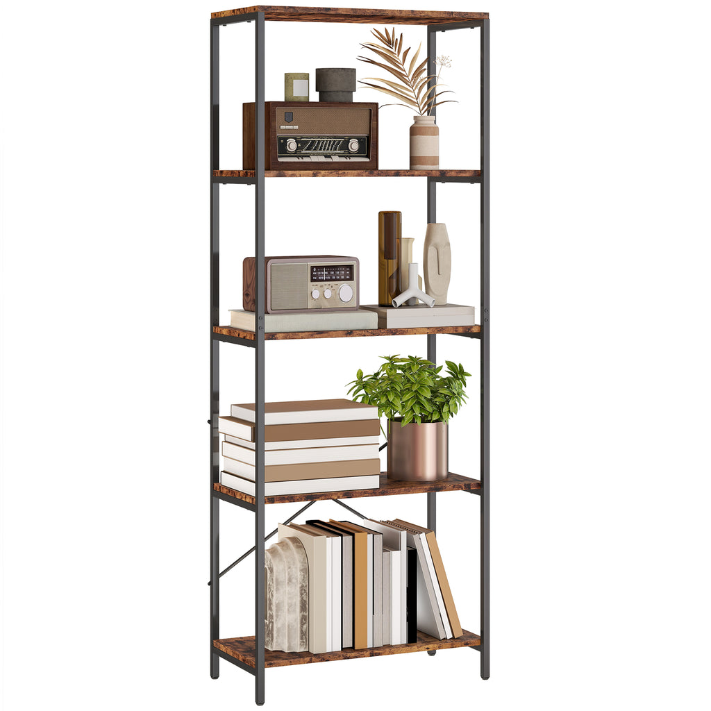 5-Tier Bookshelf, Industrial Bookcase with Metal Frame - Rustic Brown and Black