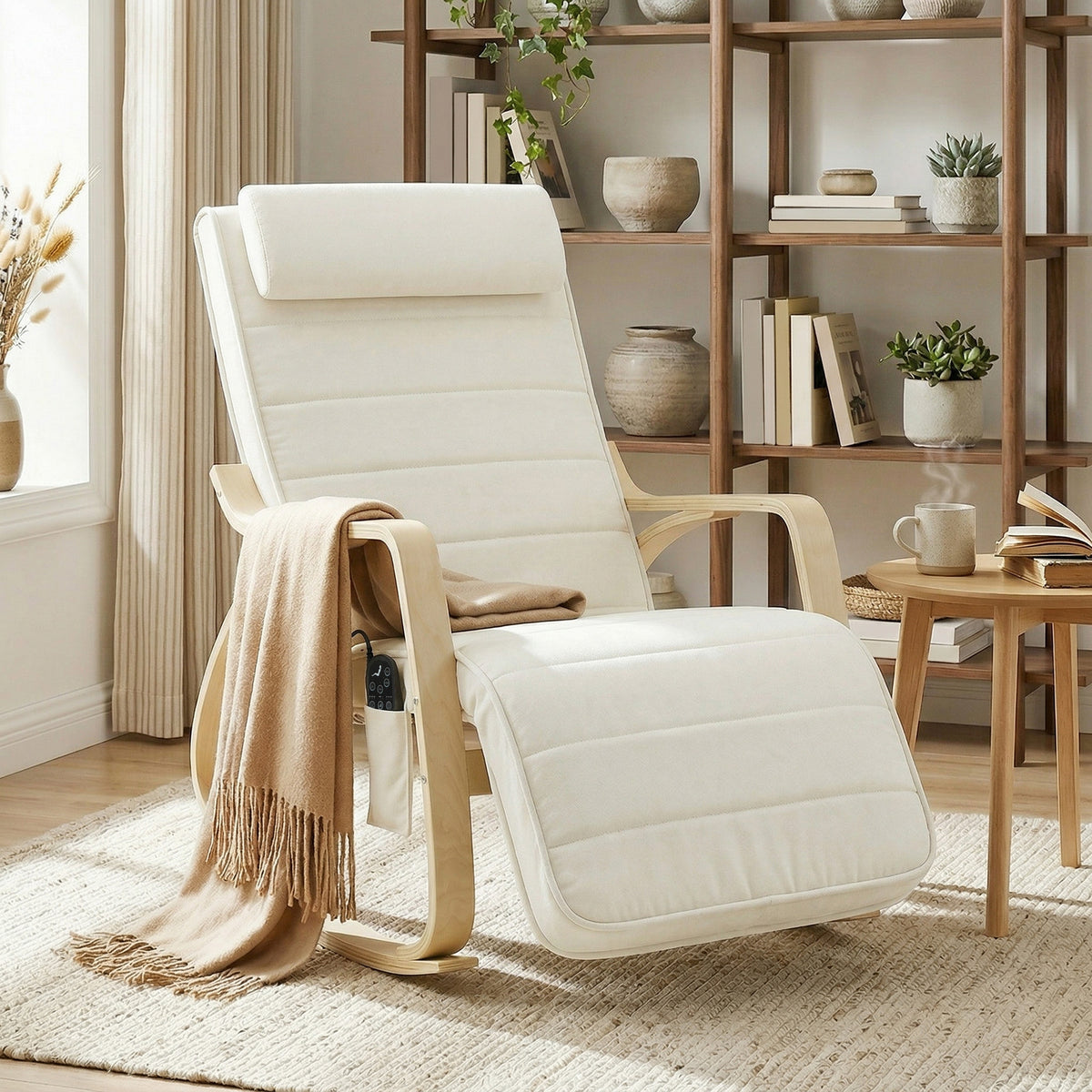 Schaukelstuhl mit Massage, Heizung, Kopfstütze & Fußstütze, Samtbezug, Relaxsessel, Cremeweiß