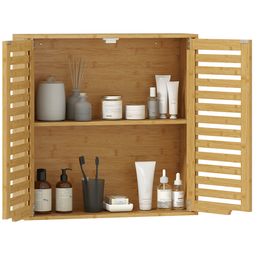 Badezimmerschrank Hängeschrank aus Bambus mit atmungsaktiv Lamellentüren, verstellbar Ablage 60 x 20 x 60 cm Naturholz