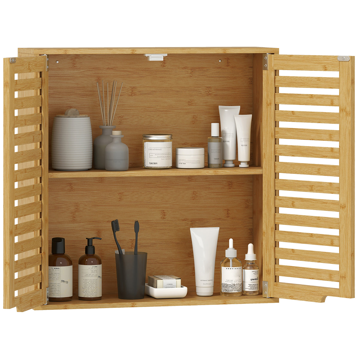 Badezimmerschrank Hängeschrank aus Bambus mit atmungsaktiv Lamellentüren, verstellbar Ablage 60 x 20 x 60 cm Naturholz