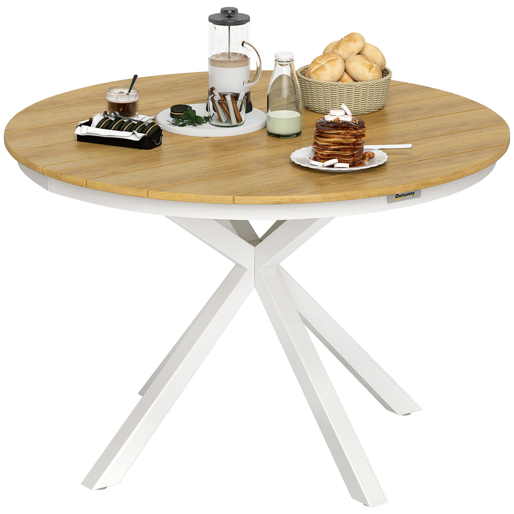 Gartentisch Ø118cm, Wetterfest Balkontisch aus Aluminium, Beistelltisch mit Kreuzbeine Lattendesign Teak