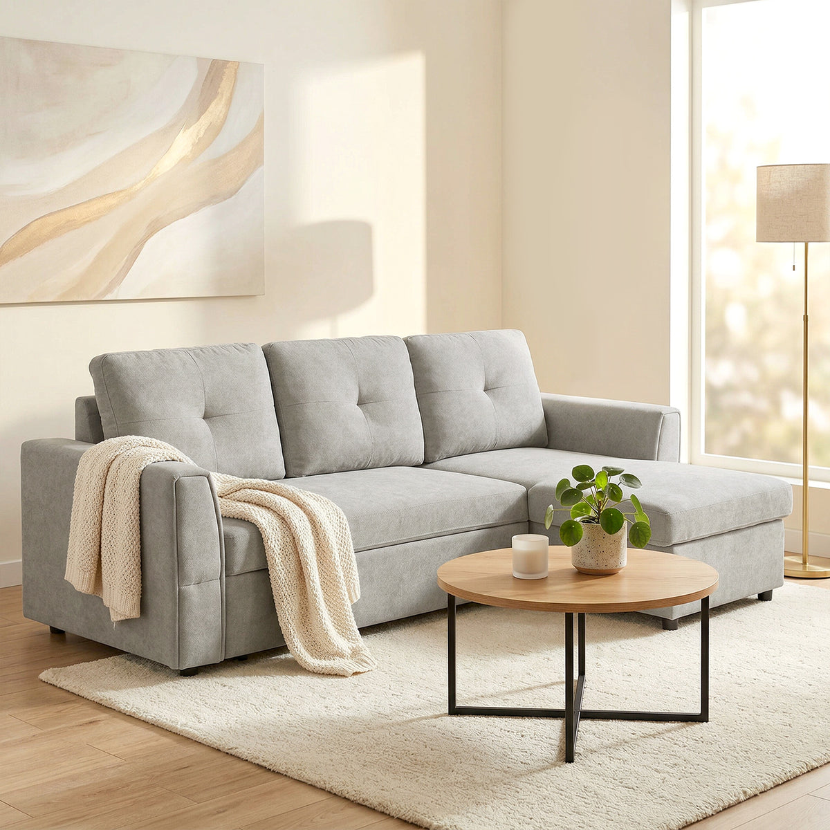 3-Sitzer-Sofa mit Bettfunktion, Schlafsofa mit Chaiselongue, Polstersofa, Grau