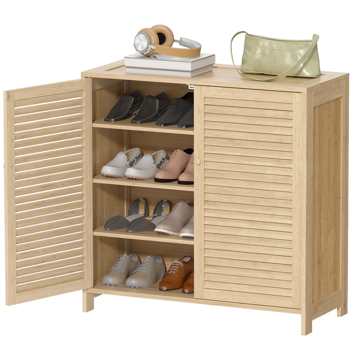 Bamboo Shoe Cabinet with Louvered Doors, 14 Pairs Shoe Storage Cabinet with Adjustable Shelves for Hallway, Natural