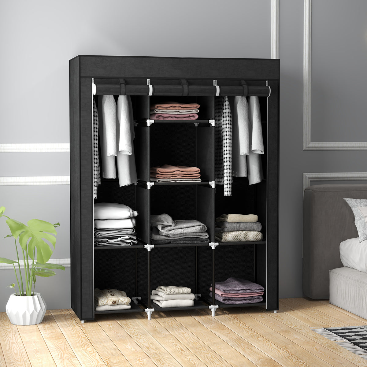 Fabric Wardrobe, with Rails and Shelves - Black