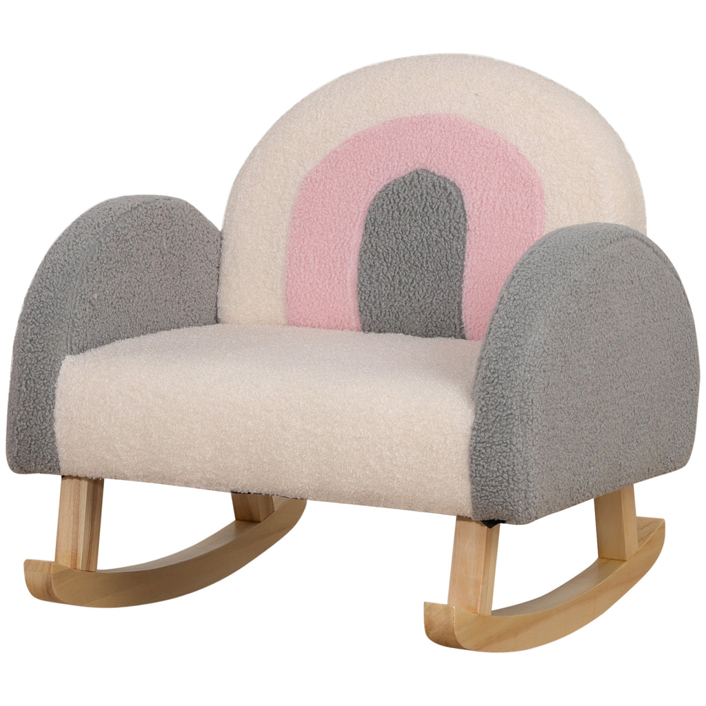 Schaukelstuhl für Kleinkinder, niedliches Design, Schaffell-Imitat, Eukalyptusholz, 50 x 45 x 44cm, grau+rosa+creme