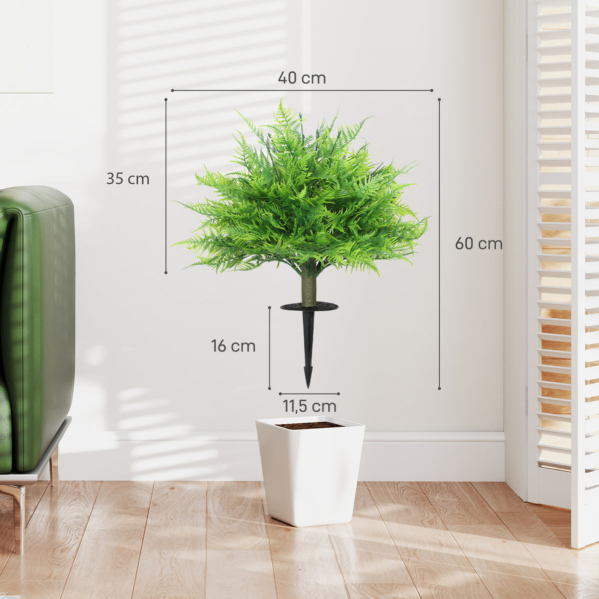 Künstliche Boston-Farn-Büsche UV-beständig, Kunstpflanzen mit Stäben, Set aus 2, 60 cm für Garten, Veranda