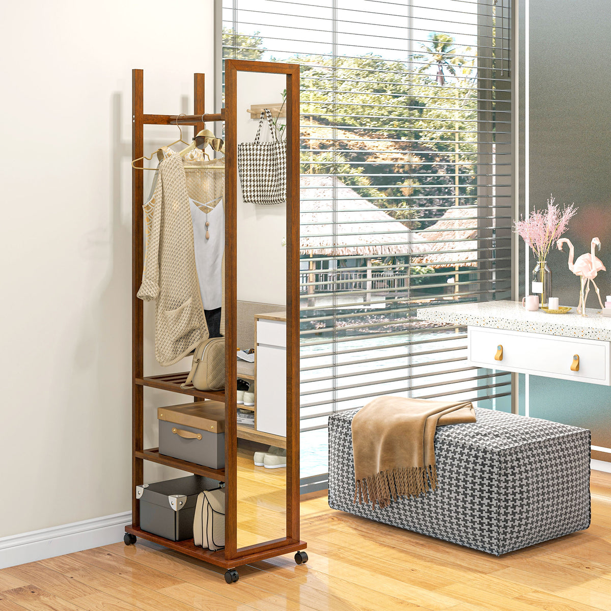 2-in-1-Spiegel Spiegel Ganzk?rperspiegel Garderobe, 1 Kleiderstange, 3 Regale, 35,8 x 59,8 x 170 cm, Natur