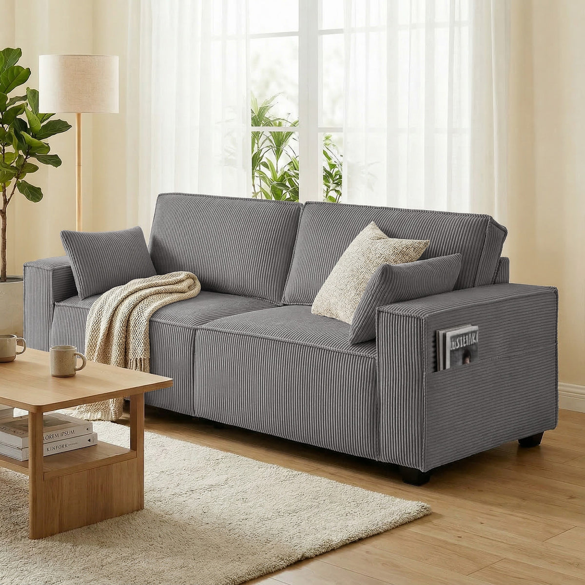 218 cm 3-Sitzer Sofa, modernes Cord-Sofa mit Taschenfeder-Polsterung, breiten Armlehnen und 2 Kissen, hellgrau