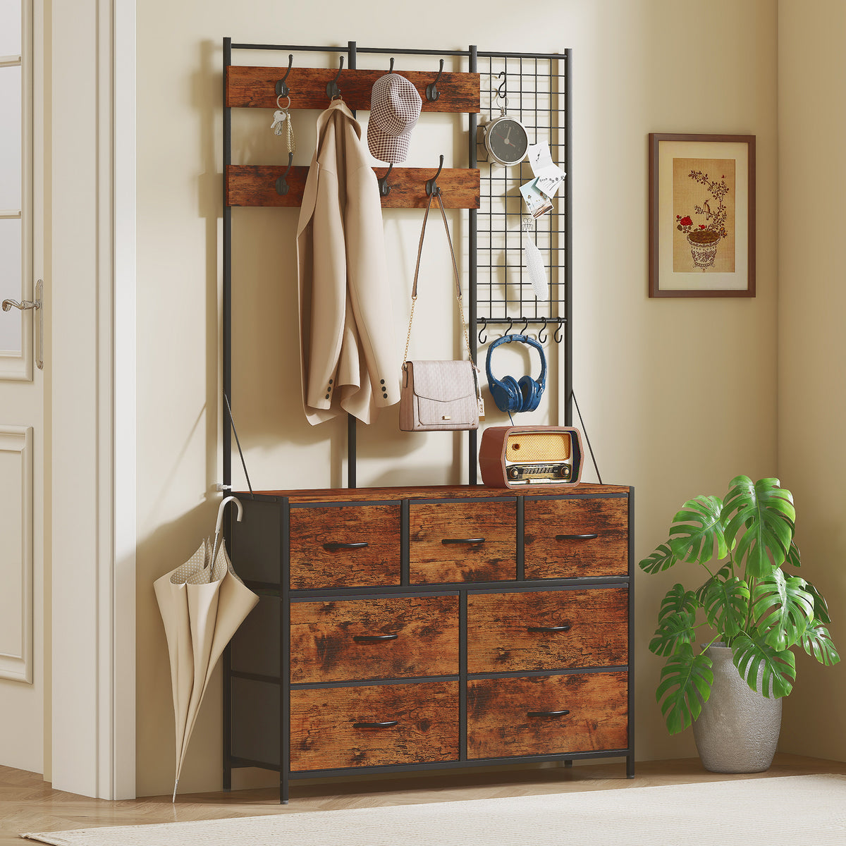 Garderobenständer, Kleiderständer mit Stoff-Schublade, 14 Haken für Flur, Schlafzimmer, Rustikal-Braun, Höhe 183 cm