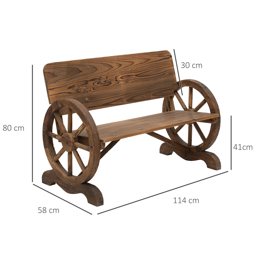 Fir Wood 2-Seater Outdoor Garden Wagon Wheel Bench, Carbonized Brown